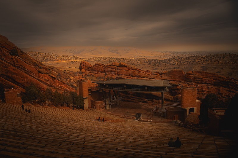 Red Rocks Amphitheatre stage and sandstone formations overlooking the Colorado landscape